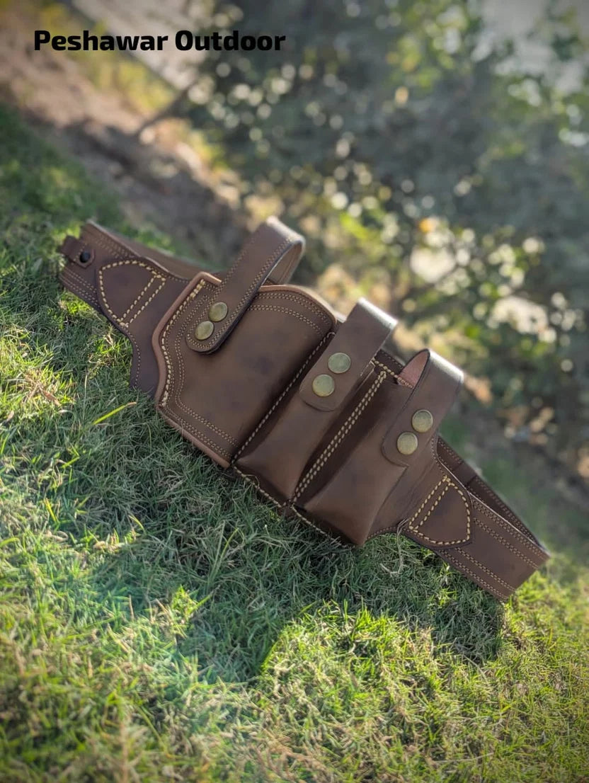Handmade Leather Belly Belt Holster | Holds 1 Pstl + 2 Mags & 10 Bullets